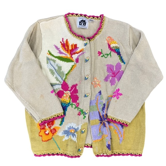 Storybook Knits Sweaters - Storybook Knits Beige  Parrot Animals flowers Cardigan Sweater Size L